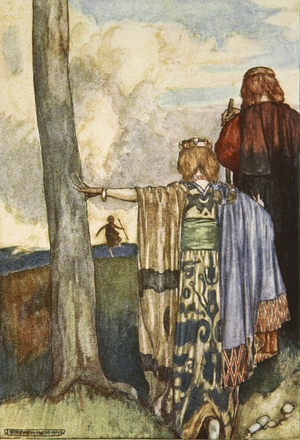 Queen Maeve meets with Cuchulain, illustration from 'Cuchulain, The Hound of Ulster', by Eleanor Hull (1860-1935), 1904 (colour litho)