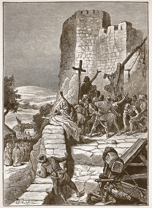 Procession of the Crusaders round the walls of Jerusalem, illustration from 'Cassell's Illustrated History of England' (engraving) (sepia photo)