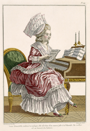 Young Woman Studying Music at her Harpsichord, plate 149 from 'Galerie des Modes et Costumes Francais', engraved by J. Pelicier, 1778 (engraving)