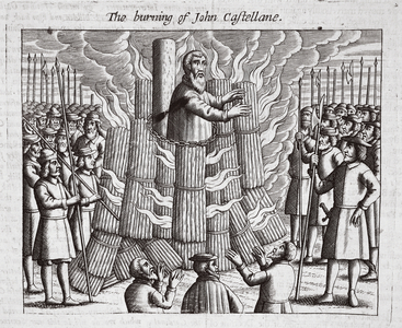 The burning of John Castellane, illustration from 'Acts and Monuments' by John Foxe, ninth edition, pub. 1684 (litho)