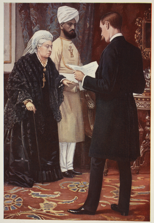 The Queen Listening to a Dispatch from the Front (colour litho)