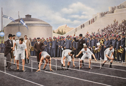 Athens 1896: Various start positions for the 100m finals, 1936 (colour litho)