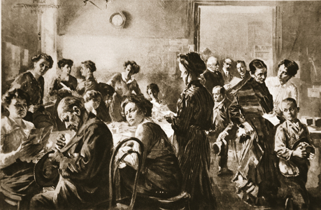 Seeking news of the missing: relatives of Germans in the field at the 'Casualty' Information Bureau, Leipzig, from 'The Illustrated War News' (litho)