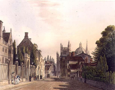 Exterior of Wadham Hall seen from the parks, illustration from the 'History of Oxford', engraved by J. Hill, pub. by R. Ackermann. 1813 (aquatint)