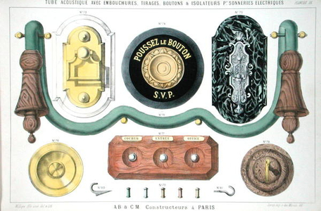 Bell system for a domestic house, from 'A Catalogue of Electrical Machinery and Apparatus Manufactured by Biloret & Mora', Paris, 1860s (colour litho)