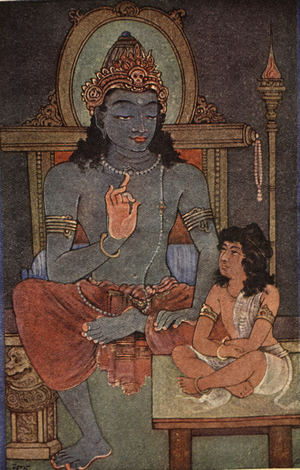 Krishna instructing Arjuna, illustration from 'Myths of the Hindus and Buddhists' by Sister Nivedita and Ananda Coomaraswamy, 1st edition, 1913 (colour litho)