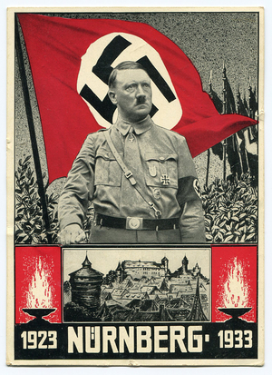 'Nurnberg 1923- 1933', postcard commemorating the tenth anniversary of the Nuremberg Rally, c.1933 (colour litho)