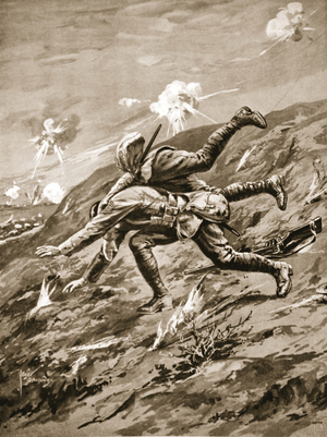 Colour-Sergeant Hall falls mortally wounded in attempting to rescue a wounded comrade (litho)