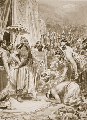 Buying off Assur-bani-pal with gifts, illustration from 'Hutchinson's History of the Nations', c.1910-15 (litho)