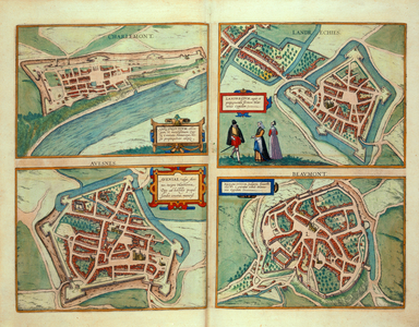 Maps of Charlemont, Landrechies, Avesnes, and Beaumont, from 'Civitates Orbis Terrarum' by Georg Braun (1541-1622) and Frans Hogenberg (1535-90) c.1572-1617 (coloured engraving)