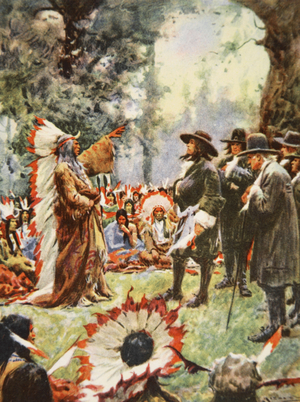 William Penn's treaty with the Indians, illustration from 'This Country of Ours, The Story of the United States' by H.E. Marshall, 1917 (colour litho)