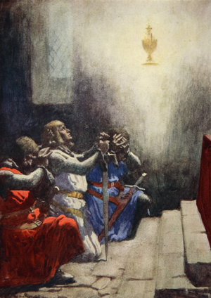 Galahad alone could see the perfect beauty of the Holy Grail, c.1925 (colour litho)
