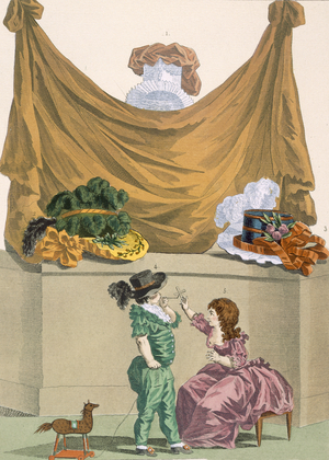 Hats and childrens clothes, engraved by Dupin, plate no.321 from 'Galeries des Modes et Costumes Francais', 1780 (coloured engraving)