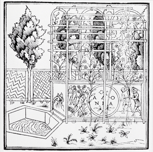 A garden scene, from 'Hypnerotomachia Poliphili' attributed to Francesco Colonna (c.1432-1527), published 1499 (woodcut) (b/w photo)