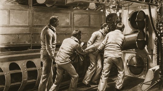 How three British cruisers met their end in the North sea: charging a torpedo-tube in a German submarine, from 'The Illustrated War News' (litho)