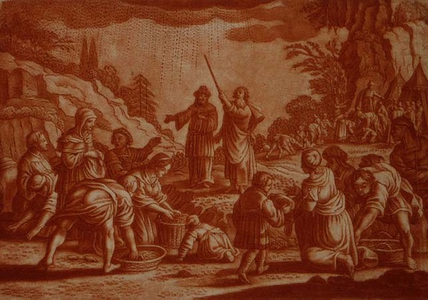 The Israelites Gathering Manna, illustration from a Bible, engraved by Gabriel Bodeneer (1673-1766) (sepia engraving)
