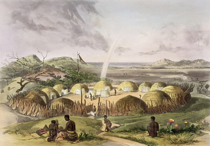 Zulu Kraal near Umlazi, Natal, plate 27 from 'The Kafirs Illustrated', 1849 (litho)