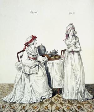Two ladies at breakfast in their dressing room, wearing night caps and peignoirs, from Nikolaus Heideloff's `Gallery of Fashion', Vol I, November 1794 (coloured engraving)