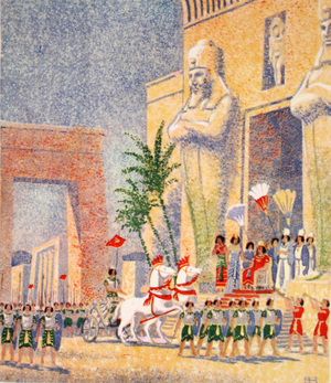 Hail, Oh Conquering Hero, illustration from Aida: The Story Of Verdi's Greatest Opera by Robert Lawrence, pub. by Grosset & Dunlap, 1938 (colour litho)