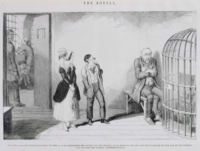 The Bottle, Plate VIII, The bottle has done its work - it has destroyed the infant and the mother, it has brought the son and daughter to vice and to the streets, and has left the father a hopeless maniac, 1847 (engraving)