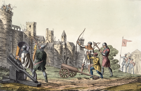 Soldiers and Artillery of the 15th Century, plate 16 from 'The History of the Nations' (aquatint)