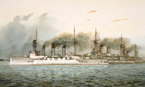 Training Squadron the 'Victoria Louise', the 'Kurfurst Friedrich Wilhelm' and the 'Weissenburg', illustration from 'Deutschland zur See', 1910 (colour litho)