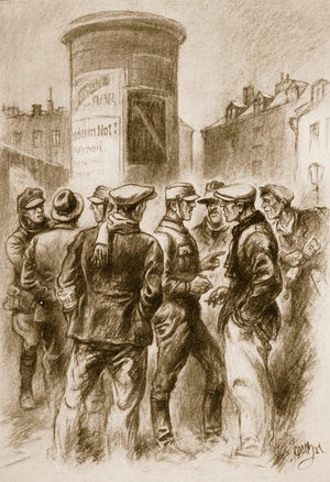 'Heated discussions by advertising columns became the first contact with Adolf Hitler's movement for Marxian blinded workers', 1931, from 'Geschichte der SA' by Wilhelm Rehm, pub. by Franz Eher Nachf, 1938 (litho)