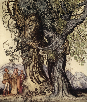 "I am old Philemon!" murmured the oak, illustration from 'A Wonder Book for Girls and Boys' by Nathaniel Hawthorne, 1928 (colour litho)