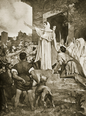 St. Genevieve reassuring the Parisians during the approach of Attila, illustration from 'Hutchinson's History of the Nations', 1915 (litho)