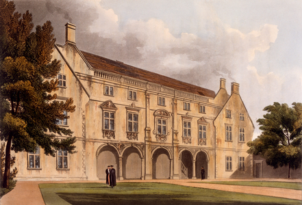 Exterior of Magdalene College Library, Cambridge, from 'The History of Cambridge', engraved by Joseph Constantine Stadler (fl.1780-1812), pub. by R. Ackermann, 1815 (colour aquatint)