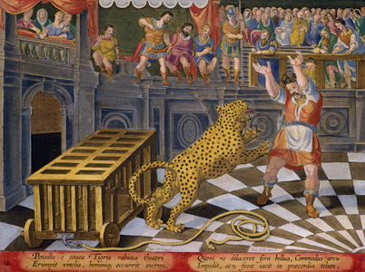 The Roman Emperor Commodus Fires an Arrow to Subdue a Leopard which has Escaped from its Cage in the Arena, plate 14 from 'Venationes Ferarum, Avium, Piscium' (Of Hunting: Wild Beasts, Birds, Fish) engraved by Jan Collaert (1566-1628) published by Phillipus Gallaeus of Amsterdam (hand coloured engraving)