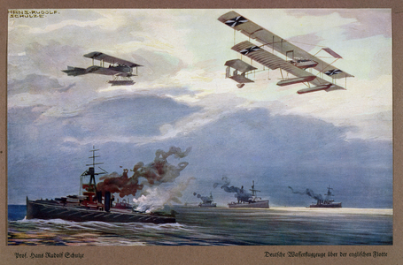 German Seaplanes attacking the British Fleet, from 'Our Airforce in the World War 1914-1915' (colour litho) (see also 189205-206, 189208-209)