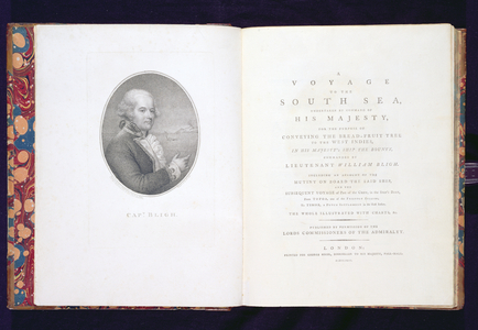 Frontispiece and title page of 'A Voyage to the South Sea Undertaken by Command of His Majesty, for the Purpose of Conveying the Bread-Fruit Tree to the West Indies in his Majesty's Ship The Bounty', by William Bligh (1754-1817), engraved by John Conde (d.1794), published 1792 (engraving) (see also 174208, 174209)