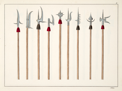 Lances, spears, halberds and partisanes, plate from 'A History of the Development and Customs of Chivalry', by Dr. Franz Kottenkamp, published by Carl Hoffmann, 1842 (colour litho)