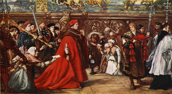 Cardinal Wolsey on his way to Westminster Hall, illustration from 'Hutchinson's Story of the British Nation', c.1923 (colour litho)