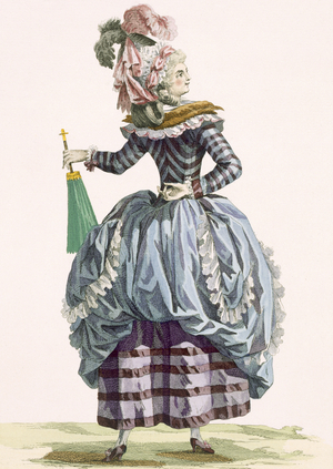 "La Nymphe", engraved by Dupin, plate no.210 from 'Galeries des Modes et Costumes Francais', c.1778-87 (coloured engraving) 99:clothing; traditional dress; traditional costume; fashion; illustration; c18th; fashionable; clothes; striped taffeta; hat a la Richard; gown; female; pink; blue; purple; stripey; headdress;