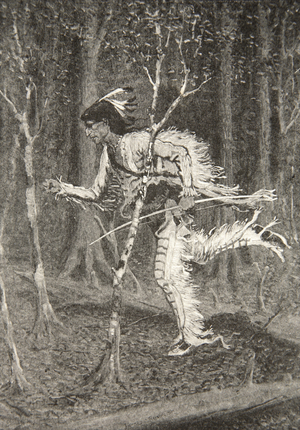Through bush, and brake, and forest, Ran the cunning Pau-Puk-Keewis, from The Song of Hiawatha by Henry Wadsworth Longfellow (1807-82), pub. by George G. Harrap & Company Ltd., 1911 (litho)