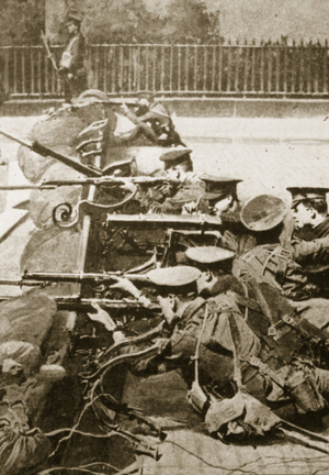 British soldiers behind a barricade (sepia photo)