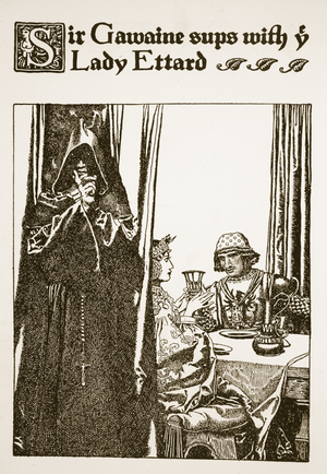 Sir Gawaine sups with ye Lady Ettard, illustration from 'The Story of King Arthur and his Knights', 1903 (litho)