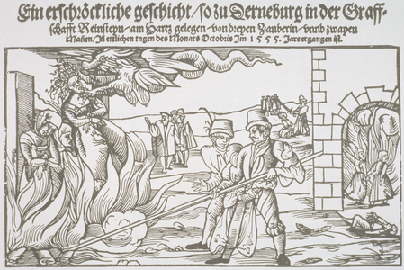Three Witches Burned Alive, pamphlet illustration (woodcut)