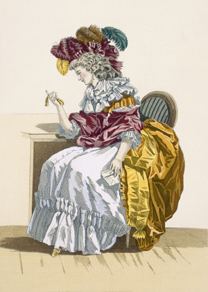 Lady sitting waiting for a friend, engraved by Dupin, plate no.191 from 'Galeries des Modes et Costumes Francais', c.1778-87 (coloured engraving)