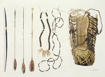 Weapons, tools and jewellery of Puri and Botocudos tribes, Rio Grande region, Paraguay and Brazil, from 'Le Costume Ancien et Moderne', Volume II, plate 43, by Jules Ferrario, published c.1820s-30s (colour litho)