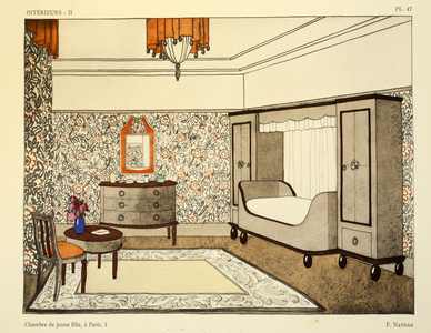 Chambre de jeaune fille I, a Paris, designed by F. Nathan, illustration from 'Interieurs' by Leon Moussinac, pub. Albert Levy, 1924-26 (colour litho)