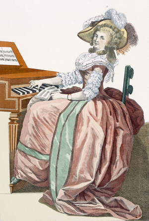 The Virtuosa in a Dress 'a l'Anglaise' with a Marlborough Border and a Half-Balloon Hat Seated at a Spinet, plate 197 from 'Galerie des Modes et Costumes Francais', engraved by Dupin, 1778 (engraving)