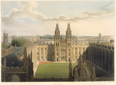 Exterior view of All Souls College, taken from the top of Radcliffe Library, illustration from the 'History of Oxford', engraved by J. Bluck (fl.1791-1831) pub. by R. Ackermann, 1814 (aquatint)