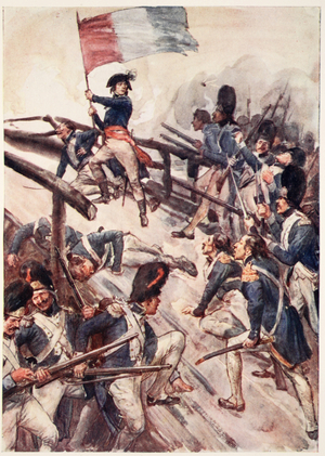 'Seizing a Flag, He Himself Led His Men Across the Bridge', plate from 'The Story of France', by Mary MacGregor, 1920 (coloured litho)