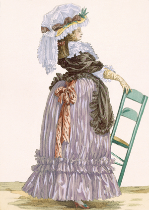 Lady leaning on chair, engraved by Dupin, plate no.201 from 'Galeries des Modes et Costumes Francais', c.1778-87 (coloured engraving)