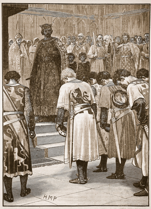 The barons submitting their demands to Henry, illustration from 'Cassell's Illustrated History of England' (engraving) (sepia photo)