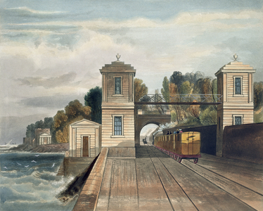Dublin and Kingstown Railway: Granite Pavilions and Tunnel Entrance at Lord Cloncurry's Demesne of Maratimo near Blackrock, Kingstown Harbour in the Distance, engraved by S.G. Hughes, 1834 (litho)