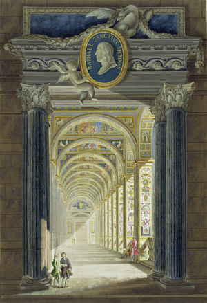 Frontispiece with a medallion portrait of Raphael (1483-1520), from 'Delle Loggie di Rafaele nel Vaticano', engraved by Giovanni Volpato (1735-1803), published c.1772-77 (hand coloured engraving)